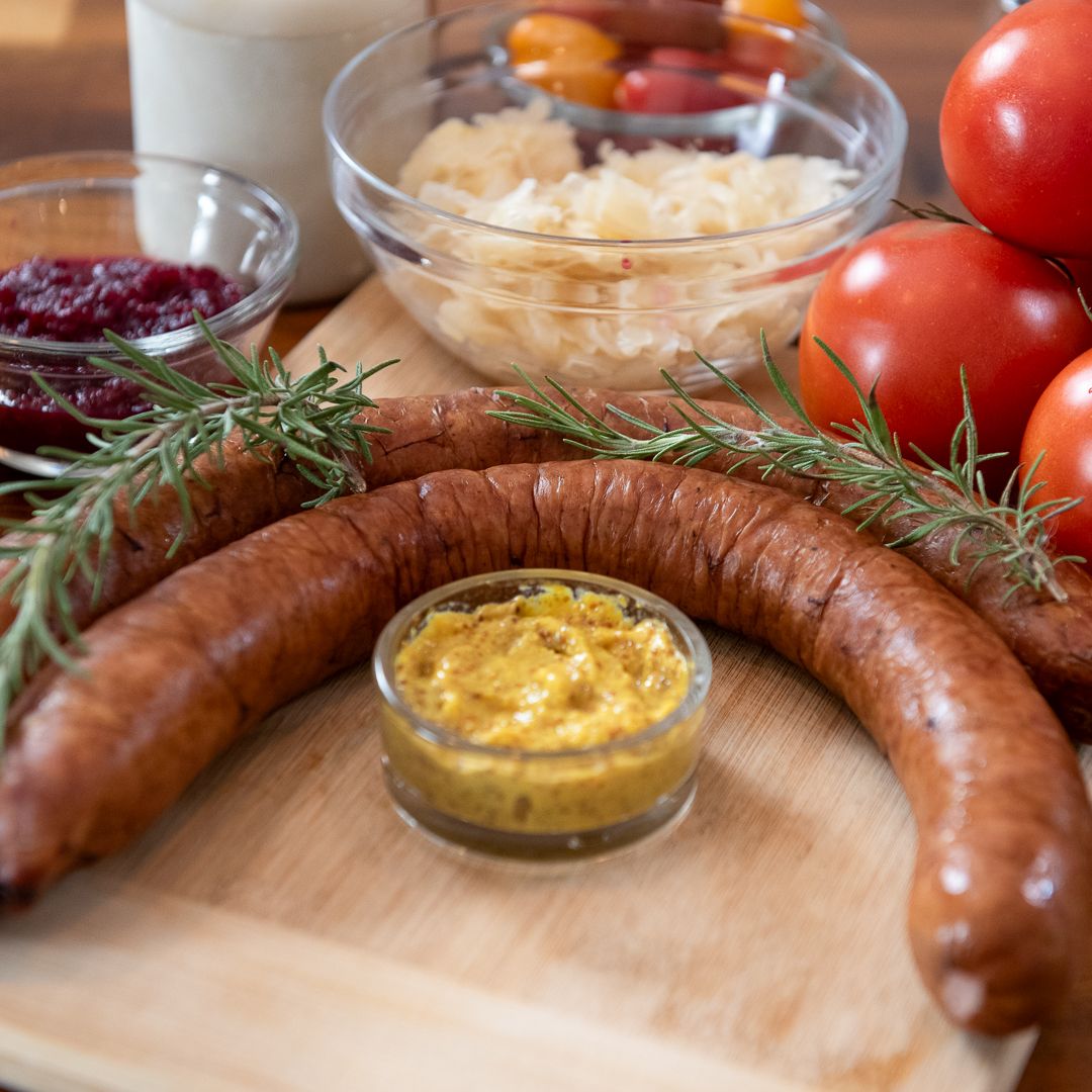 Freshly packaged country-style smoked sausage