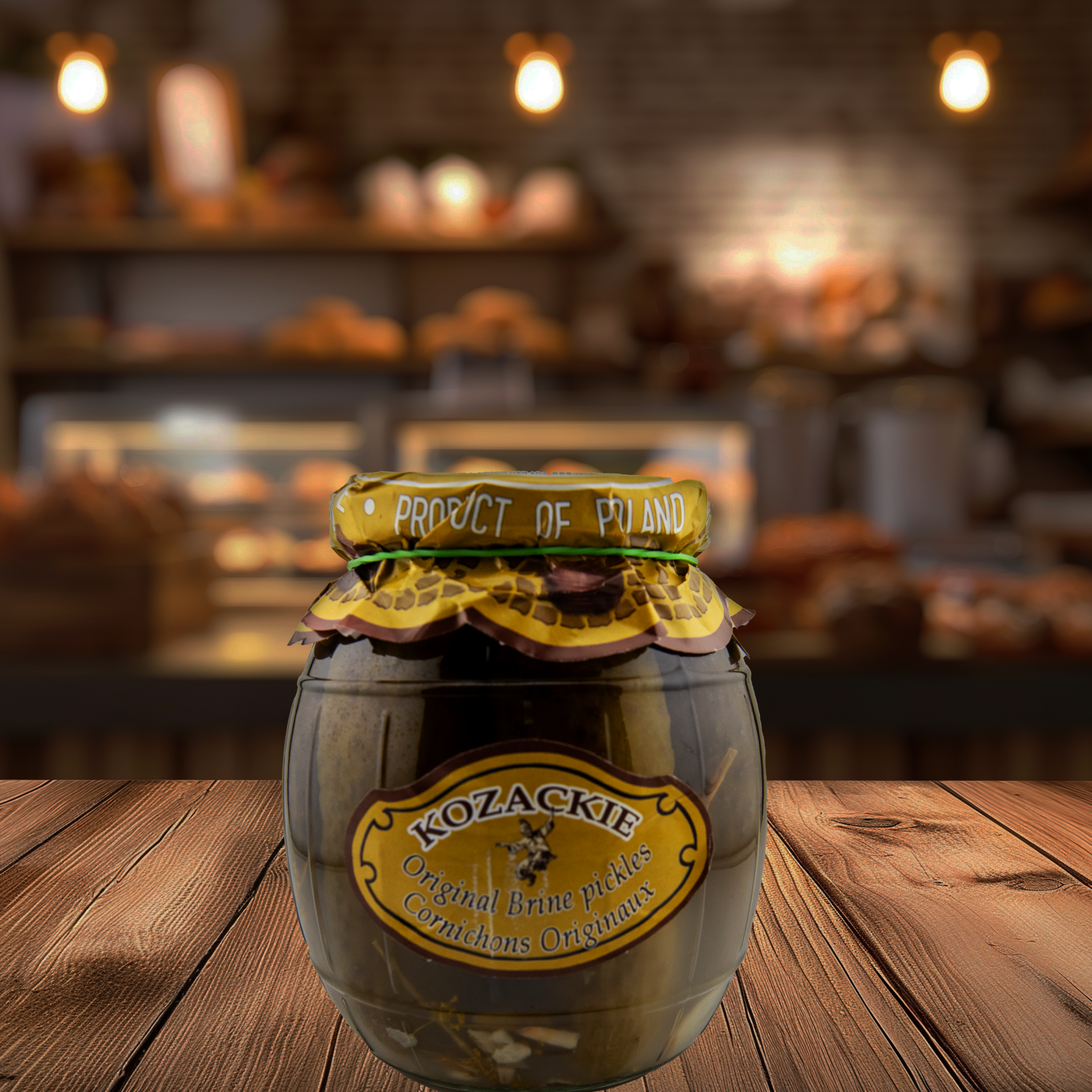Kozackie Original Brine Pickles on a wooden table, showcasing Polish packaging.