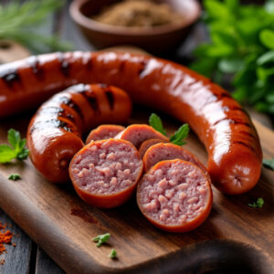 Delicious BBQ Sausage on a Wooden Board