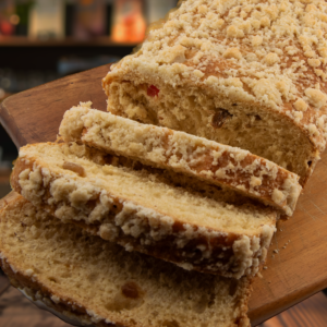 Traditional Polish sweet bread topped with buttery crumble slices